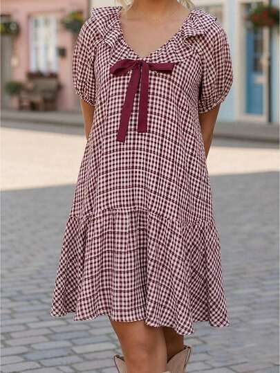 Women Mini Dress Short Sleeve V Neck Plaid Dress Loose Summer Dress For Casual Daily Dating