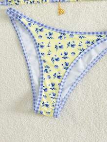 新款随机花卉格纹印花女士比基尼两件套，配有可调节肩带，适合夏季海滩度假、性感海滩派对和休闲穿着。 - 黃色 - 查看 5