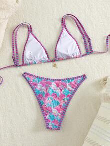 新款海洋印花女士比基尼两件套，配有可调节肩带，适合夏季海滩度假、性感海滩派对和休闲穿着。 - 淡紫色 - 查看 3
