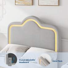 Base de Cama Tapizada con LED, Cabecera y Pie de Cama Ajustables, Cama Plataforma Princesa de Terciopelo para Niñas y Adolescentes, Soporte de Listones de Madera, No Requiere Resorte de Caja, Montaje Fácil - Gris-Gemelo - Ver 5