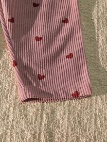 女婴粉色条纹红色爱心印花红色爱心刺绣可爱背带裤 - 乾枯玫瑰色 - 查看 6