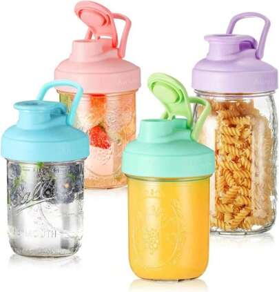 Aieve Mason Jar Lids, 4 Pack Wide Mouth Mason Jar Pour Spout Lid, Canning Lids With Flip Top Lid, Leak-Proof
