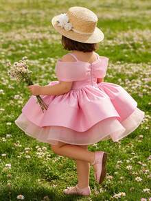 Baby Girl Cute Bow Off Shoulder Strap Tulle Princess Dress, Puff, Wedding, Flower Girl, Birthday Party, Gathering - Pink - View 2