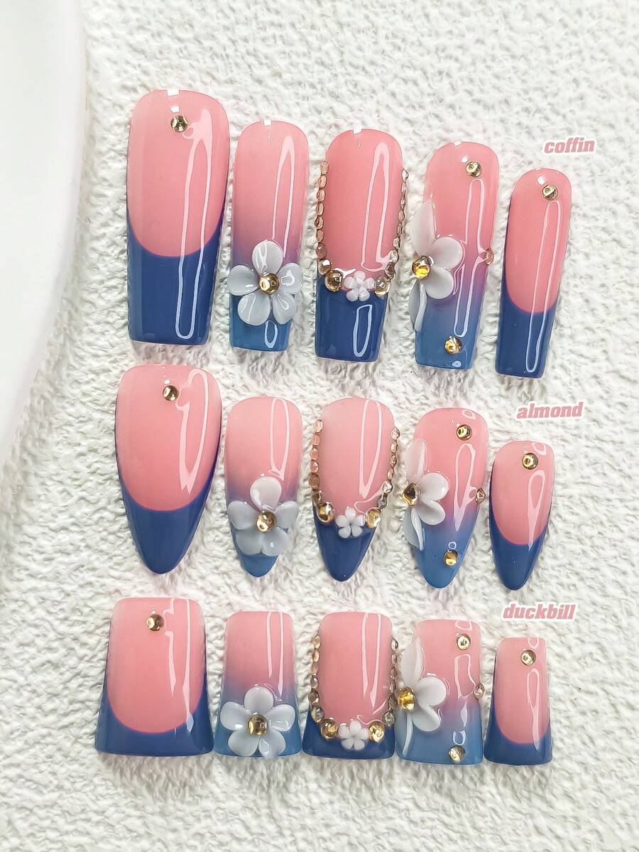 10片极简花卉图案美甲贴纸，手工美甲套装，香槟钻石美甲装饰，蓝色凝胶美甲，三种尺寸可选：杏仁形、鸭嘴形、棺材形，包含工具包，适合女性和女孩，适合派对、活动、日常佩戴，手工按压式美甲贴片 - 彩色 - 查看 1