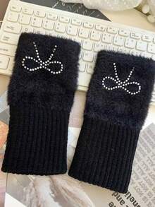 1 Pair Solid Color Rhinestone Bow Half Finger Gloves, Women's Plush Half Finger Gloves Suitable For Outdoor Warmth And Cold Protection In Autumn/Winter - Multicolor - View 10