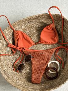 Women's Sexy & Fashionable Minimalist Crop Top & Skirt Beach Vacation Travel Date Night Special Fabric Brown Beaded Halter Tie Swimwear Set, Spring/Summer New - Brown - View 2