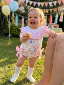 Infant Baby Girl Birthday Romper Letter Embroidery Bow Print Short Sleeve Ruffled Round Neck Bodysuit - White - View 4