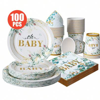 白色底绿色叶子金色花朵“Oh Baby”一次性餐盘、餐巾纸、杯子套装 - 适合25位客人，一次性纸盘派对餐具，适用于生日、婚礼、主题派对、家庭野餐