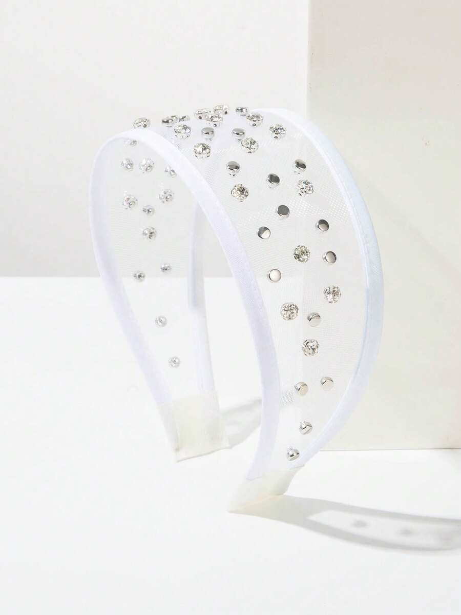 1pc Solid Color Mesh Wide-Brimmed Headband, Korean Style, Simple & Fashionable, Rhinestone Rivet Decor, Elegant & Versatile Hair Accessory For Daily Wear Hairband Hair Hoop,Summer,Holiday,Travel