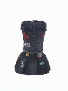 New Bandeau Pleated Skirt Embroidery Set Hot Girl Bar Date Home Fashion Stretch Skirt Set - 黑色 - 查看 1