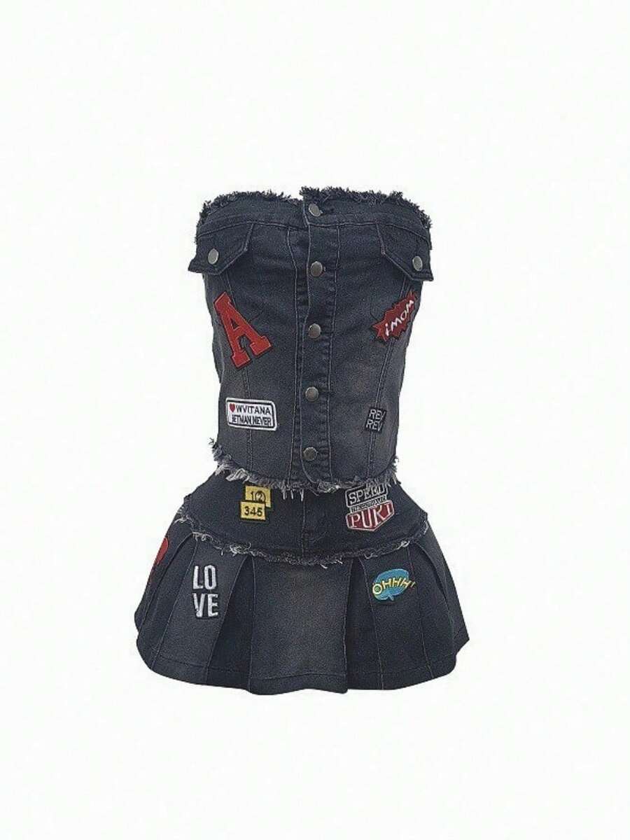 New Bandeau Pleated Skirt Embroidery Set Hot Girl Bar Date Home Fashion Stretch Skirt Set - 黑色 - 查看 1