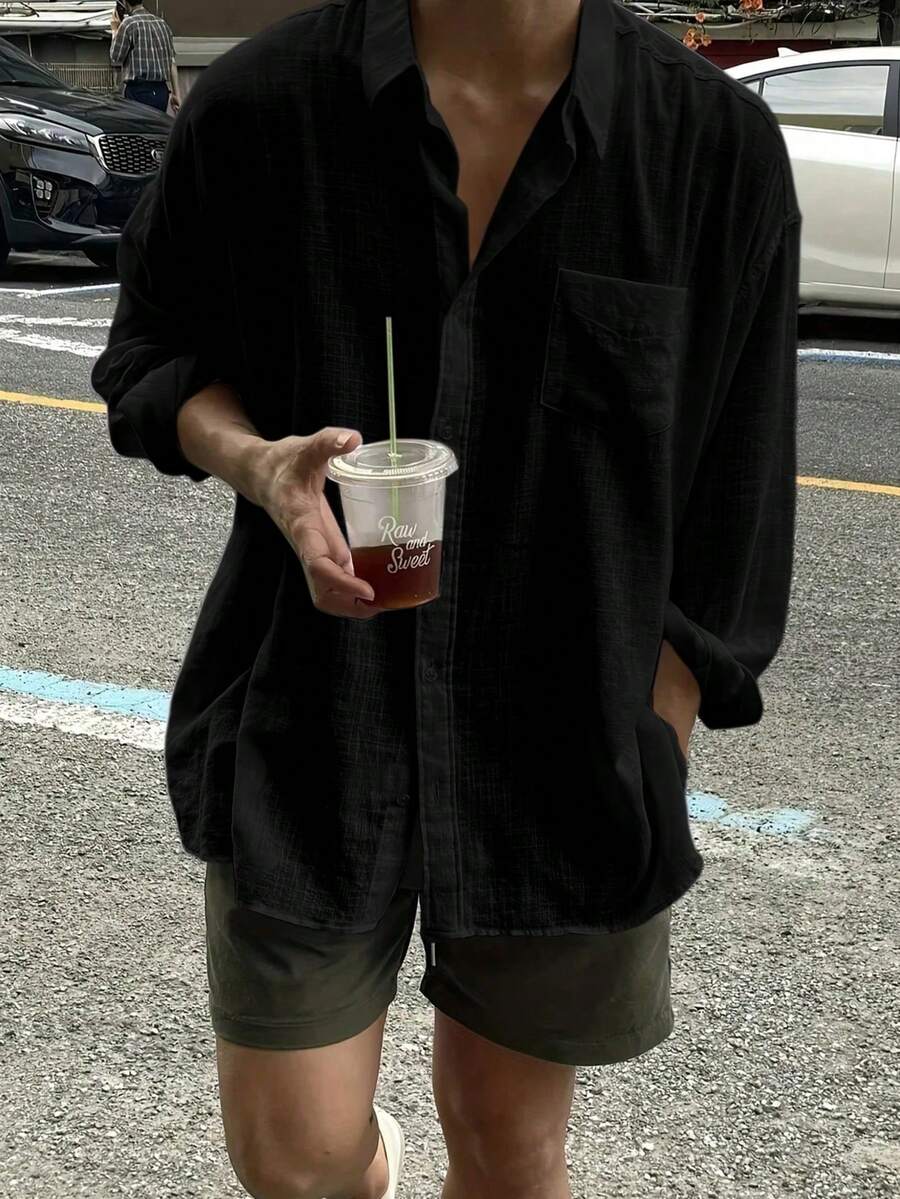男士纯色长袖单排扣口袋宽松休闲衬衫，秋季款