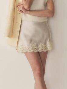 Women Lace Trim Satin Mini Skirt Y2k Lacy Skik A Line Half Silp Short Skirt Cute Low Rise Underskirt Extender Summer Going Out Club Skirts - Rượu sâm banh - Xem 8