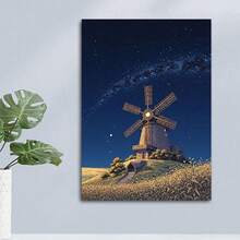 1pc Dutch Windmill Under Dreamy Starry Sky Canvas Print -  Wall Art,  Nighttime Landscape With Golden Wheat Fields, Perfect For Home Decor, Living Room, Or Office, Windmill Decor - 彩色 - 查看 2