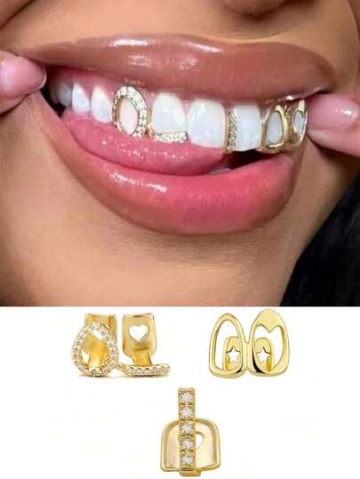 1 Set Hollow Heart Zirconia Bar Combination Zirconia 3 PiecesShiny Personalized Hip-Hop Tooth Jewelry, Gift For Valentine's Day, Stage Props