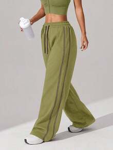 1pc Women's Waffle Knit Loose Straight Leg Drawstring Waist Contrast Color Simple Fitness Sports Pants, Spring/Summer - Màu xanh lá cây - Xem 2