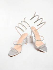 2026新款水钻蛇形透明绑带凉鞋，女士性感黑色细高跟鞋 - 銀色 - 查看 6