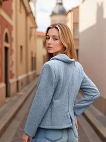 女士休闲翻领夹克，适合工作、通勤和日常穿着，秋冬季款 - 霧霾藍 - 查看 4