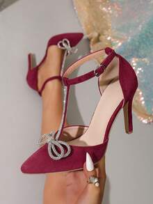 Women's T-Strap Rhinestone Bow High Heels, Burgundy Pointed Toe Hollow Out Stilettos, Fashion Party Wedding Date Night Club Pumps, Comfortable All Season - Burgundy - View 5