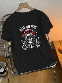 女士休闲黑色圆领短袖T恤，骷髅印花，舒适春夏款 - 黑色 - 查看 9