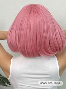 12英寸刘海假发，直发粉色刘海波波头假发套装，适合女性日常生活、派对、角色扮演、摄影等场合 - 粉色 - 查看 4