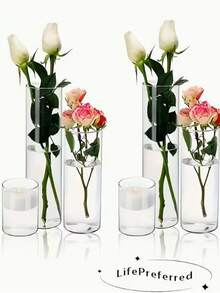 3/4/6/24件套玻璃花瓶 透明圓柱形鬱金香花瓶 颶風式浮蠟燭台 波西米亞風 高玻璃圓筒花瓶，可用於放置蠟燭、鮮花、鵝卵石、貝殼、珠飾和燈飾，適合桌面裝飾、婚禮餐桌、居家裝飾、房間布置、餐廳裝飾、婚禮家居裝飾、拉瑪裝飾禮品、生日畢業典禮，玻璃花瓶套組 - 白色 - 查看 10