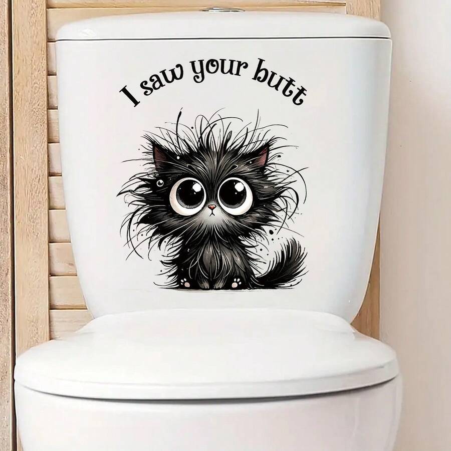 1pc Cute Black Plush Kitten Cartoon Toilet Sticker, Self-Adhesive Wall Sticker, Toilet Seat Decoration Sticker, Bathroom Decoration, Toilet Decorative Sticker. - 黑色 - 查看 1
