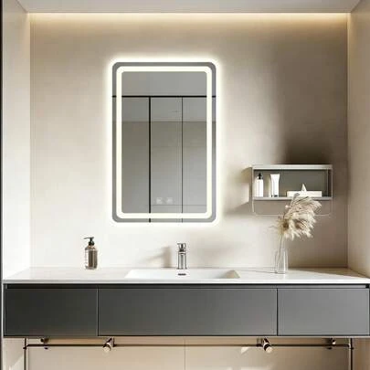 Espejo de baño táctil inteligente cuadrado led, con una tecla táctil de un clic, puede ajustar libremente el brillo, tres tipos de control de temperatura de color y función inteligente de prevención y eliminación de niebla, 70 * 50 cm, montado en la pared, se puede colocar verticalmente o horizontalmente, adecuado para duchas, dormitorios, cosmetos