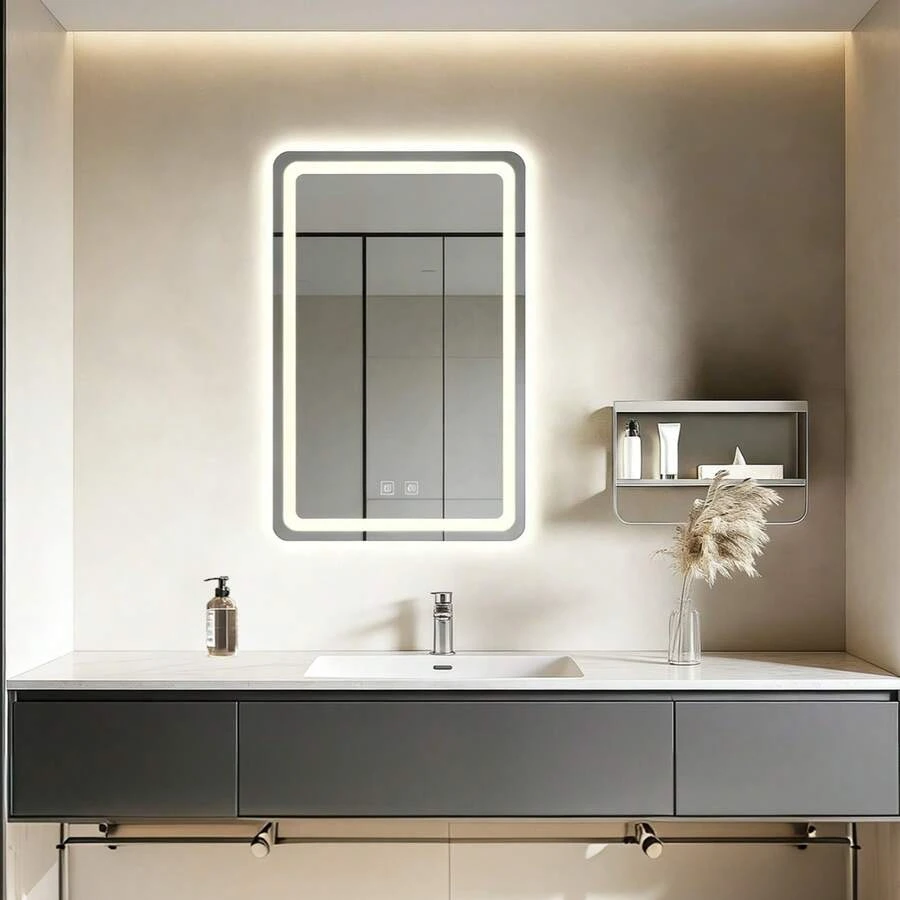 Espejo de baño táctil inteligente cuadrado led, con una tecla táctil de un clic, puede ajustar libremente el brillo, tres tipos de control de temperatura de color y función inteligente de prevención y eliminación de niebla, 70 * 50 cm, montado en la pared, se puede colocar verticalmente o horizontalmente, adecuado para duchas, dormitorios, cosmetos - Blanco - Ver 1