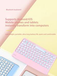 无线键盘鼠标套装，圆帽静音复古迷你键盘鼠标组合，兼容iPad、电脑、手机、平板电脑 - 粉色 - 查看 4