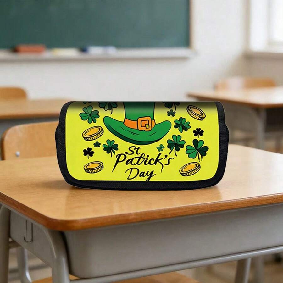 1pc St. Patrick's Day Pencil Case, Large Capacity With Dual Flip Cover And Dual Zipper Design. Made Of Polyester Fiber, Suitable For Middle School, High School And College Students, Also Can Be Used For Desktop Stationery Storage To Keep The Desk Tidy. - Multicolor - View 1