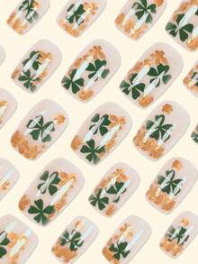 24pcs Long Coffin Shaped French Manicure Nail Stickers, Fashionable! Clover Embossed Nail Decals With Nude Base And Green Gold Foil Luxury Design, Easy Application Durable Reusable. Set Includes 1pc Gel Polish And 1pc Nail File, Suitable For Women And Girls For Daily Wear Or Parties - Multicolor - View 2