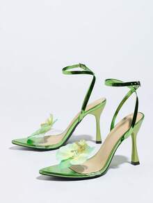 女士优雅兰花装饰交叉绑带金属质感闪亮亮绿色露趾高跟凉鞋，时尚尖头细高跟鞋，适合派对、婚礼、舞台表演，也适合情人节、母亲节、妇女节、新年、夏季穿搭。 - 綠色 - 查看 5