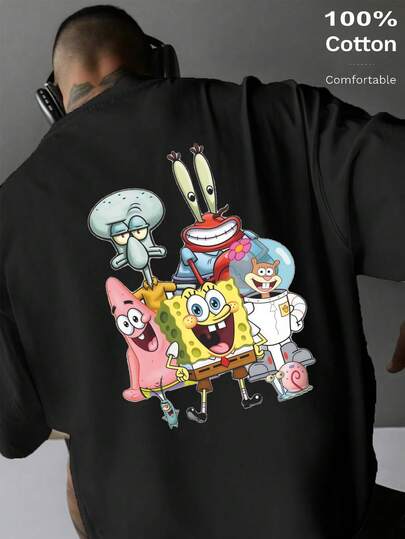 SPONGEBOB Camiseta de algodón puro para hombre (2026), diseño de grafiti de Bob Esponja, unisex, corte holgado con hombros caídos, 100 % algodón, estampado, ropa informal para primavera/verano, ropa urbana, ropa de vacaciones, para oficina, salón, hogar, deportes al aire libre, estilo retro, sencilla, diseño divertido, ideal para cualquier temporada, camiseta de manga corta para parejas de San Valentín, camiseta unisex de manga corta, ideal para citas, salidas románticas, regalos navideños, tops, amigos, Ellensga Curve, vacaciones, ropa informal.