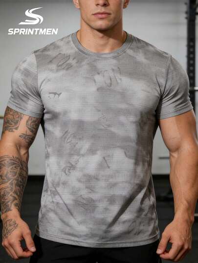 三件套扎染字母印花圆领男士短袖T恤，透气速干面料，休闲设计，适合夏季训练、户外运动和日常穿着。