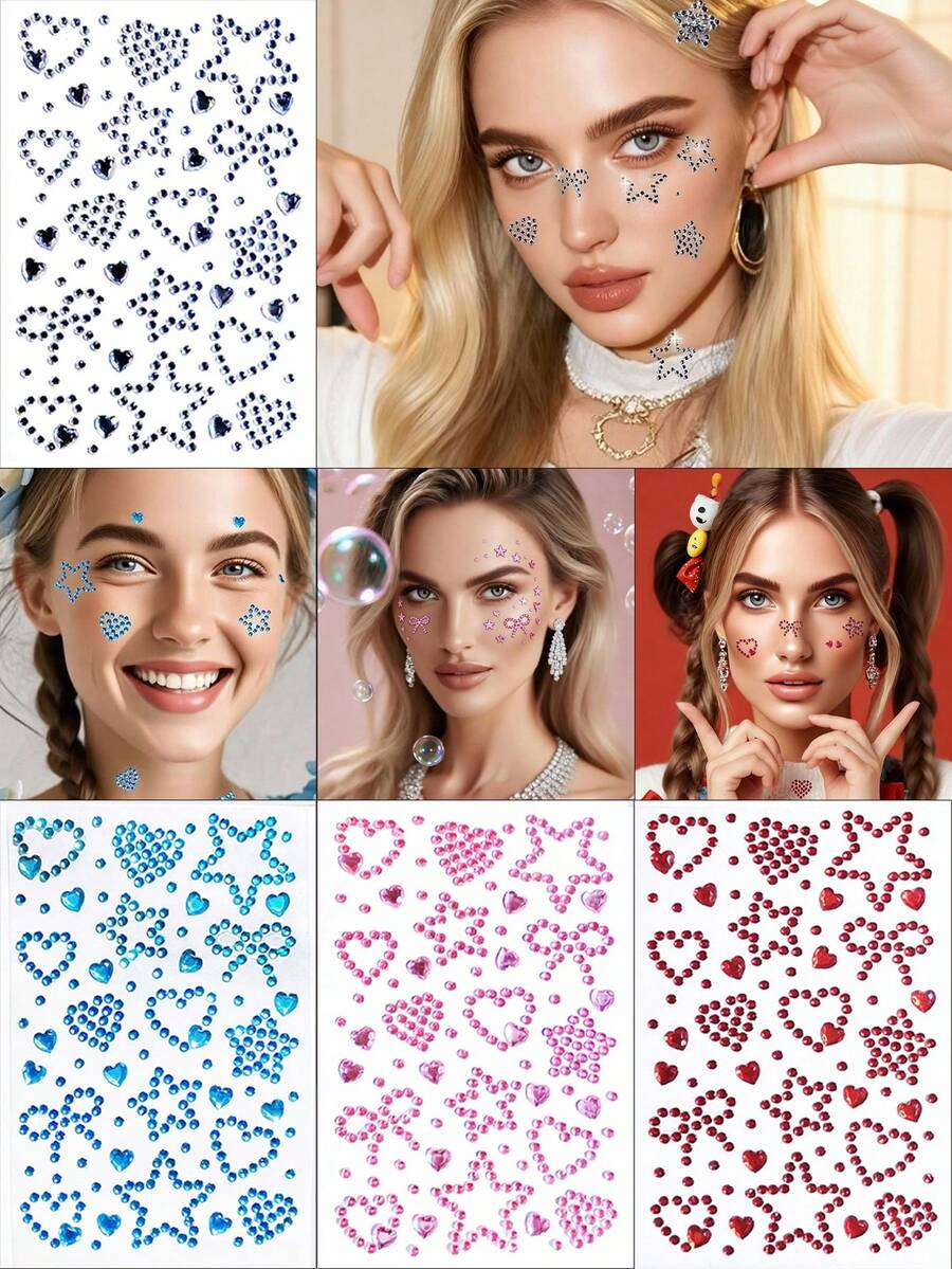 1 Tờ gồm khoảng 350 miếng dán đá hình ngôi sao và trái tim - Phong cách Y2K, Ngày Valentine, Năm mới, Âm nhạc, Ngày lễ - Đá trang trí mắt và mặt DIY - Màu đỏ, hồng, trắng, xanh dương, thích hợp cho biểu diễn khiêu vũ, tiệc tùng, cosplay sân khấu, đám cưới, hình xăm giả.