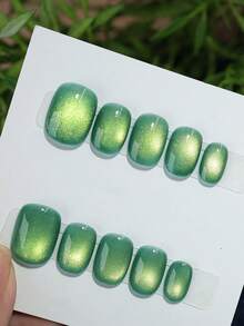 10片手工制作的按压式美甲贴，短椭圆形，绿色，Y2K极简柔和风格猫眼素色美甲贴，适合女性和女孩，春、夏、秋、冬、节日、派对和日常佩戴。 - 綠色 - 查看 10