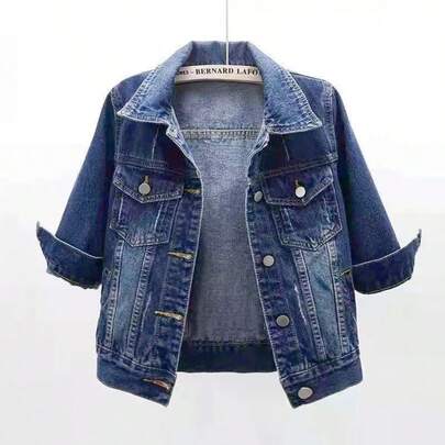 Veste en jean femme à manches 3/4, veste en jean courte lavage clair, décontractée pour le printemps