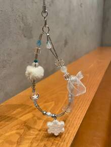 Chaîne de téléphone avec pendentif flocon de neige blanc, charm de sac/appareil photo à perles de dopamine, chaîne de téléphone compatible avec Android et la plupart des smartphones, cadeaux pour mère, famille, amis, enfants, anniversaire, vacances - Blanc - Voir 4