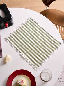 1/2/4/6pcs Green Striped Heart Lace Trim Napkins, Fresh Pastoral Style Decorative Hand Towels Suitable For Holidays, Parties, Birthdays, Weddings, Dinners, Office Desks, Coffee Tables, Home Decor, Photography Backdrops, All Seasons