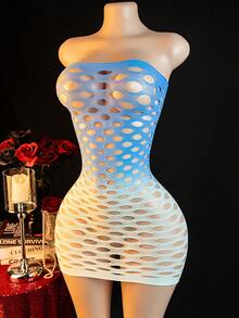 Sexy Ombre Blue & White Hollow Out Strapless Mini Dress, Suitable For Party Night - Blue - View 2