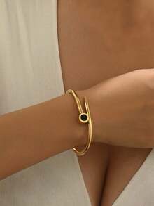 1pc Fashionable Roman Numerals Design Stainless Steel Bracelet, Nail Shaped Bracelet 18K Gold Plated, Valentine's Day Gifts,Mom,Mother,Mother's Day,Gift, Suitable For Daily Wear - Gold - View 3