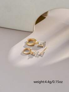 Nooxian 3pcs/Set Women Jewelry Set, Geometric Element Micro-Inlaid Zirconia Geometric Drop Earrings & Stud Earrings, Suitable For Casual Daily Wear - Yellow Gold - View 6