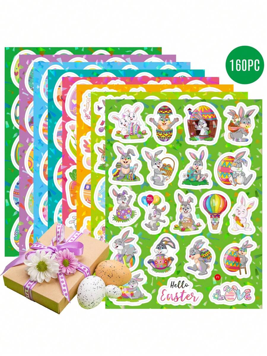160pcs Easter Sticker Set - Holographic Shiny Stickers, DIY Easter Eggs & Bunny Pattern Stickers, Craft Decorations, Suitable For Easter Gift Packaging, Easter Party Decorations, Notebooks, Phones, Postcards (Random Styles) - Multicolor - View 1