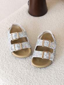 1 Pair Girls' Hook And Loop Sandals, Fashionable Princess Shoes, Soft Bottom Beach Shoes, Summer New Arrival - Silver - View 3