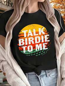 1pc Women' S Golf Sunset Print Black TShirt, Crew Neck, Casual Cotton Tee Medium Stretch Knit Fabric, Regular Fit For Female Ladies For Spring/ Summer/ Fall Easter Thanksgiving - 黑色 - 查看 1