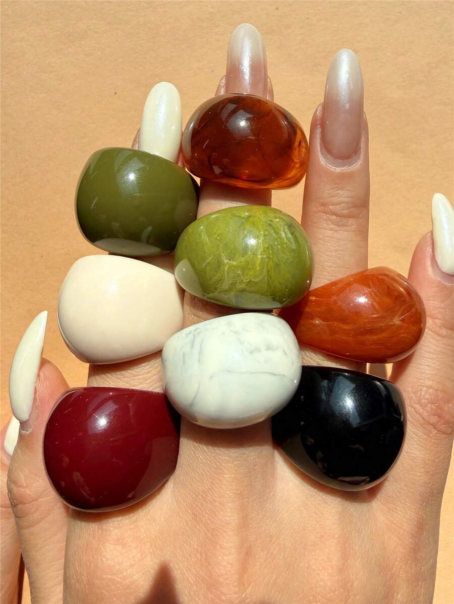 8件套复古几何极简树脂戒指套装，彩色超大椭圆形戒指，适合女性日常佩戴、节日和派对的珠宝配饰 - 彩色 - 查看 1