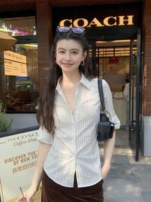 女士长袖条纹领衬衫，拉链前襟，开衩设计，适合办公室穿着，修身打底衫 - 白色 - 查看 1