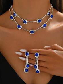 3pcs Women Jewelry Set: Necklace, Earrings, Elegant Floral Print Bridal Accessories, Thanksgiving Gift - Royal Blue - View 5