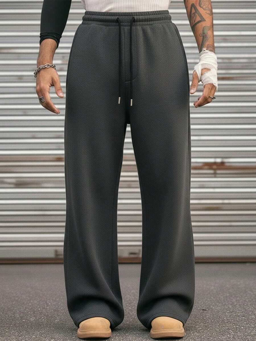 男士宽松休闲直筒裤，黑色宽松运动裤，舒适透气，适合户外运动和健身 - 黑色 - 查看 1